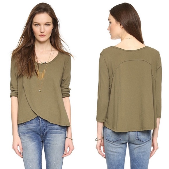 FREE PEOPLE Bonsai Tee Washed Olive Boho Split Front Size Small - Picture 3 of 10
